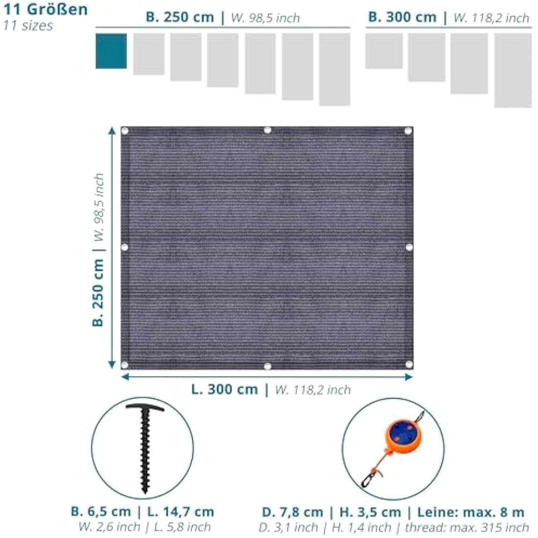 valuents Awning Carpet – Blue/Grey – Various Sizes – Camping Rug Outdoor – Tent Carpet Caravan / Motorhome with Carry Bag + Plus: Washing Line & 8 T-Pegs