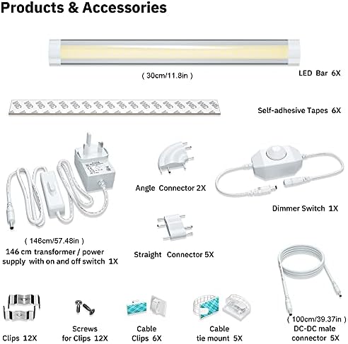 LAMPAOUS Dimmable LED Under Cabinet Lights, 24W 1920LM Warm White Under Cabinet Kitchen Lights, Ultra Thin LED Light Bar for Kitchen Shelf, Closet, Wardrobe, Under Cupboard Lighting, 6 Pack