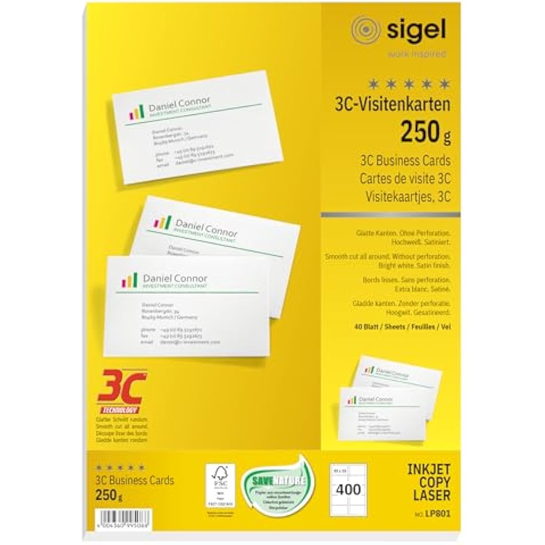 SIGEL LP801, 85x55 mm (A4), Business Cards, 3C, smooth cut all around, 250 gsm, printable, bright White, 400 Piecesequal to40 sheets