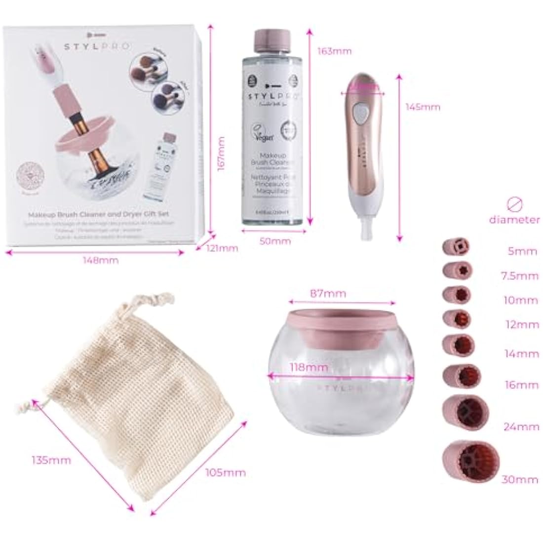 StylPro Gift Set Kit: Electric Makeup Brush Cleaner and Dryer Machine with 8 Brush Collars, Brush Cleanser - Fast, Automatic Spinning Brush Cleaner with Heat-Resistant Bowl (ROSE GOLD)