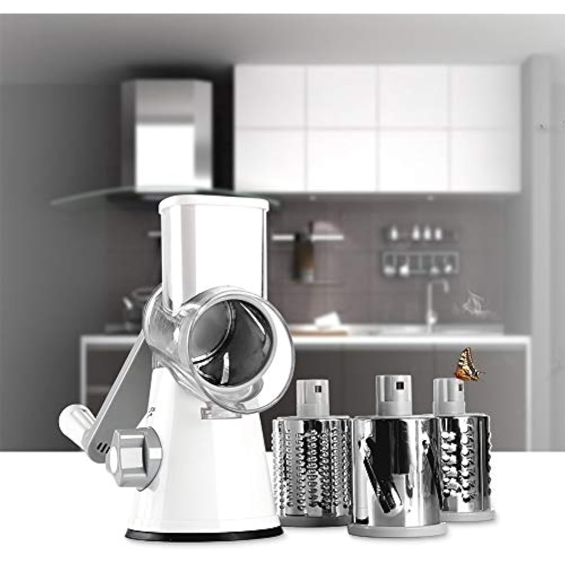 Ourokhome Cheese Grater Rotary Shredder, Kitchen Speed Mandolin Slicer Hand Crank Grinder with 3 Interchangeable Blades and Handle for Cheese, Vegetable, Walnut, Chocolate, Potato, Carrot, White