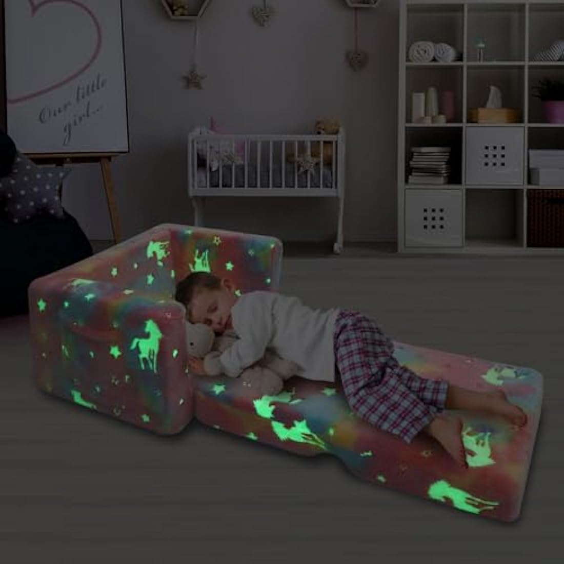 SLIGUY Toddler Couch, Kids Convertible Sofa to Lounger Pull Out Couch, Glow in the Dark Sofa Chair Gifts for Boys and Girls (Pink Unicorn)