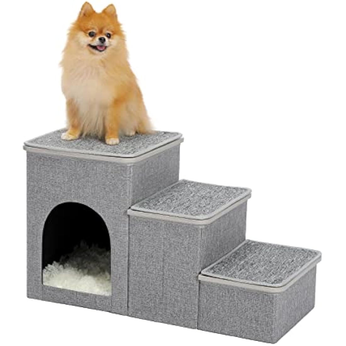 PETEPELA Dog Steps for Bed, 3 Steps for Dog Step for Sofa with Storage for Small Dogs for Bed, Foldable Pet Stairs for Couch and High Bed Hold up to 30KG, Wood Grey
