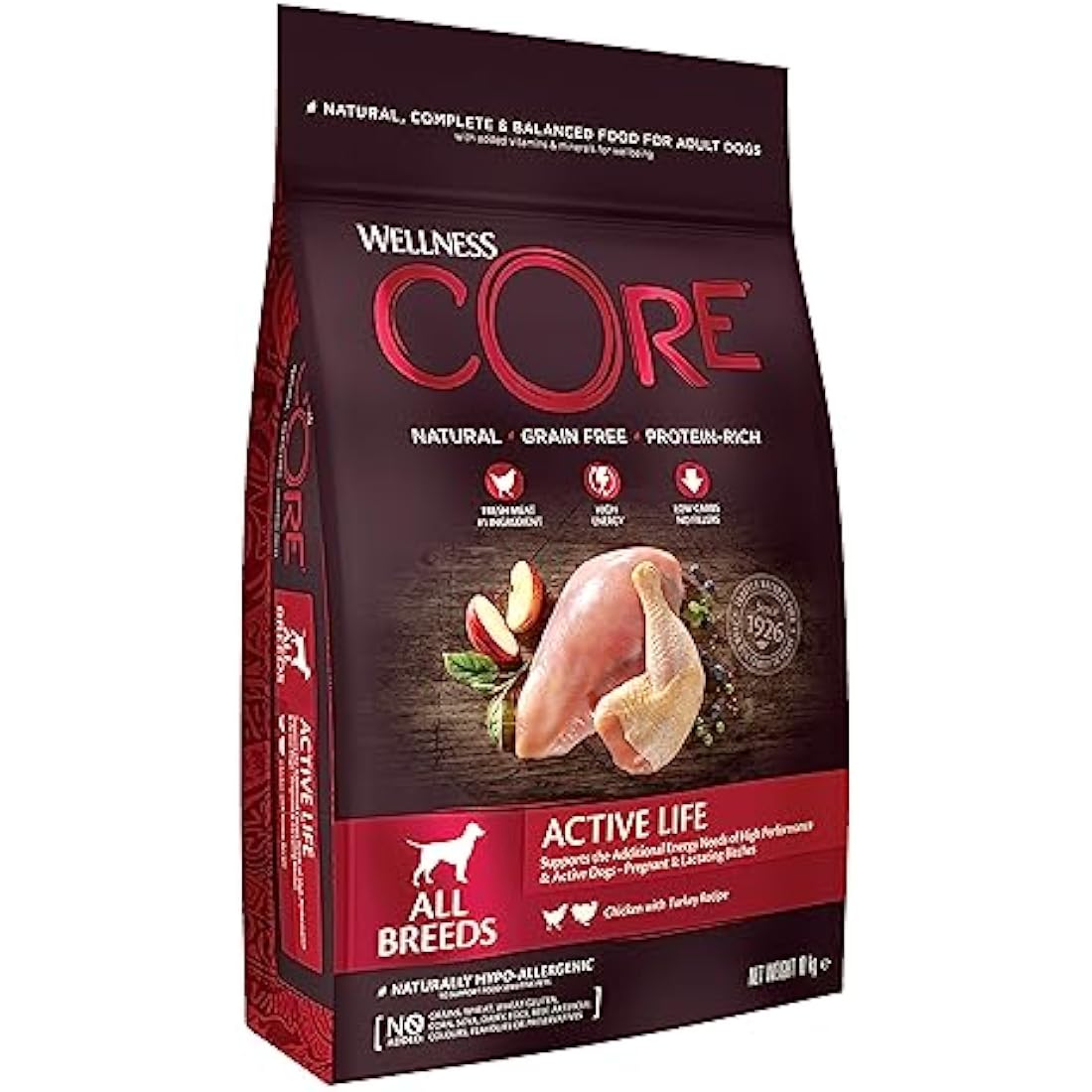 Wellness CORE Adult Active Life, 10kg, Chicken & Turkey, Dry Dog Food for All Dog Breeds, Grain-Free, High Meat Content, Protein-Rich, Supports Active Dogs & Lactating Bitches