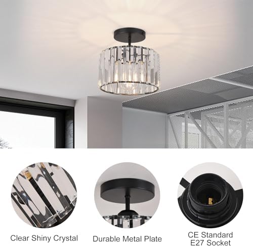 ZYDTRIP Crystal Ceiling Light Fixture Semi Flush Mount Ceiling Lamp Modern Black Crystal Chandelier for Living Room Hallway Dining Room Kitchen