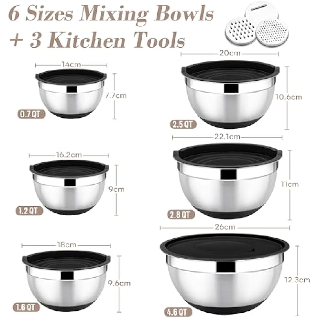 Onader Stainless Steel Mixing Bowls, 6-Piece Metal Salad Bowl for Kitchen Baking Cooking Serving, Airtight Lids & 3 Graters & Silicone Bottom, Size 0.7/1.2/1.6/2.5/2.8/4.6QT - Black