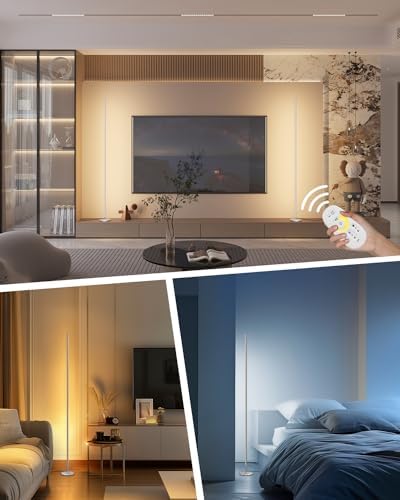 TACAHE Minimalist Corner Floor Lamp - 2700K-6500K Dimmable LED Night Light - Modern Standing Mood Lamp with Remote Control for Living Room, Bedroom - 57" 12W - Silver