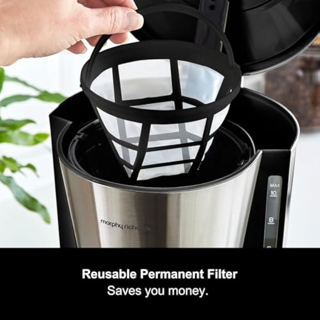 Morphy Richards Equip Filter Coffee Machine, Coffee Maker for Instant Coffee, Pour Over Technology, 10 Cup, Anti Drip, Reusable Filter, Keep Warm, Aroma Blender, Black/Brushed Steel, 162501