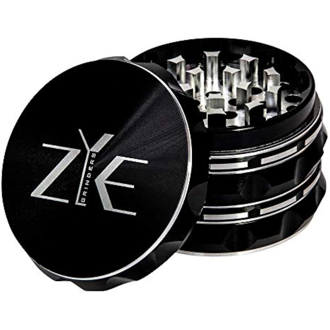 ZYE Herb Grinder – Quality Aluminium w/Ultra Sharp Teeth – Large 2.5" 4 Piece w/Twist & Lock Storage Layer – No Flaking and Non-Stick - Black