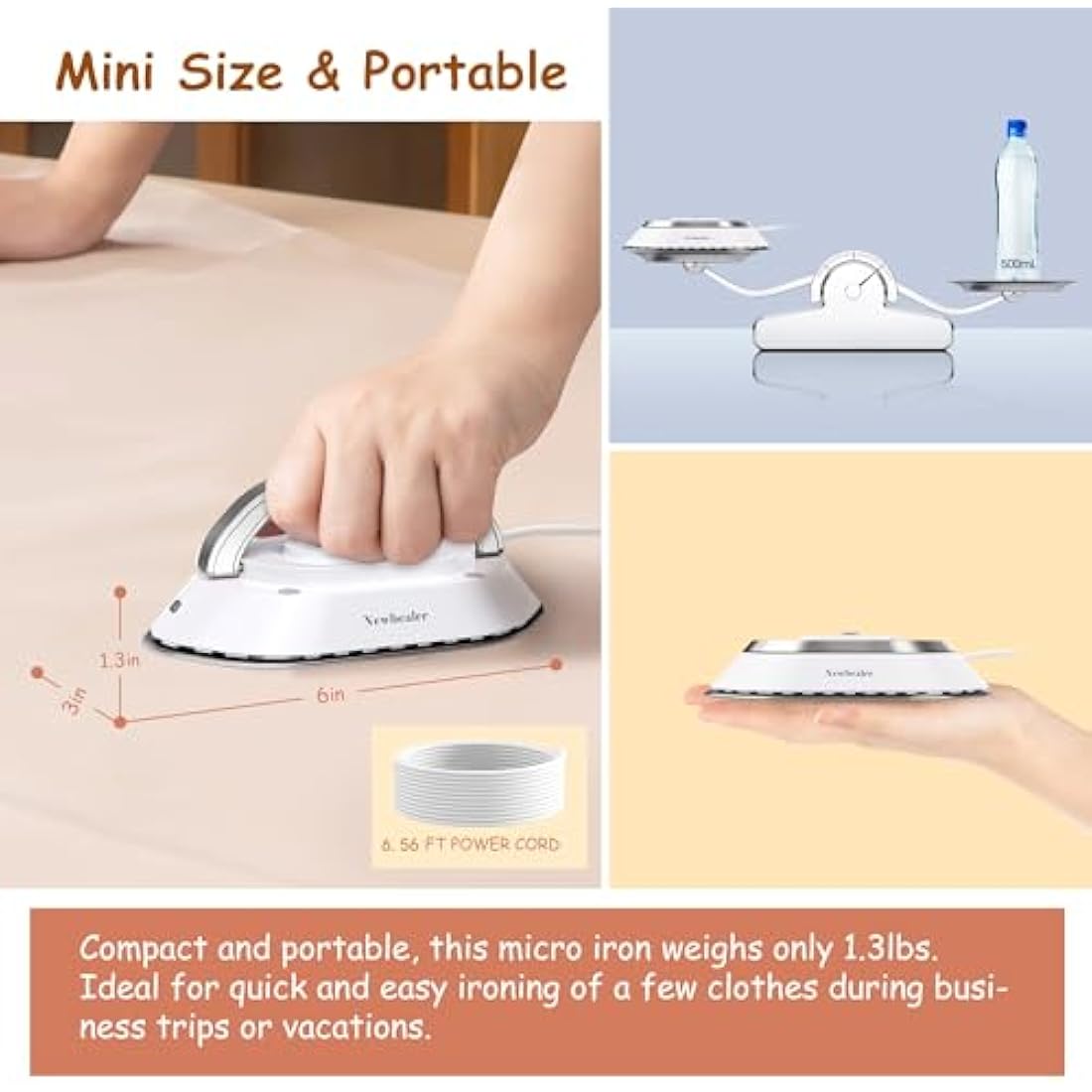 Newbealer Travel Iron - Mini Iron with Dual Voltage-220V/120V for Clothes, Compact Iron with Small Pouch for Global Travel, Quilting & Sewing, Silver