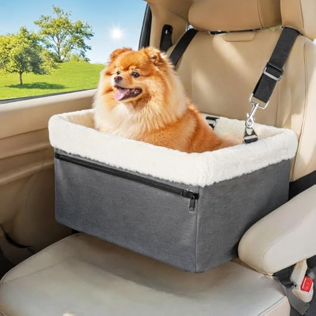 UNICITII Dog Car Seats for Small Dogs-Elevated Pet Dog Booster Seat for Dog,Raised Dog Lookout Car seat w/Clip-On Safety Leash Adjustable Pet Travel Seat, Grey-9 kg, (BGUN-PS002bb)