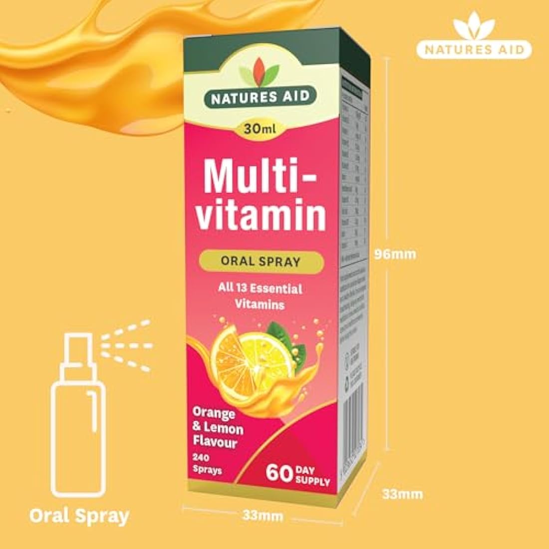 Natures Aid Multivitamin Daily Oral Spray 30ml - Natural High Strength Supports Energy Tiredness Fatigue Healthy Immune & Nervous System - Pill Tablet Capsule Free Liquid Supplement 2-Month Supply