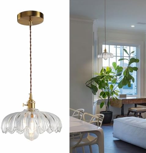 XZHGCEE Glass Pendant Light Fixture with Clear Flower Shade: Vintage Hanging Lights for Kitchen, Dining Room, Bedroom - Rotating Switch & 33-168cm Adjustable Height