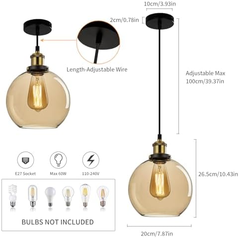 FORCOSO Industrial Glass Pendant Light - Vintage Ceiling Lights with Clear Ball Glass Shade Adjustable Hanging Pendant Lighting for Kitchen Island Dining Room Bedroom - ø20 cm