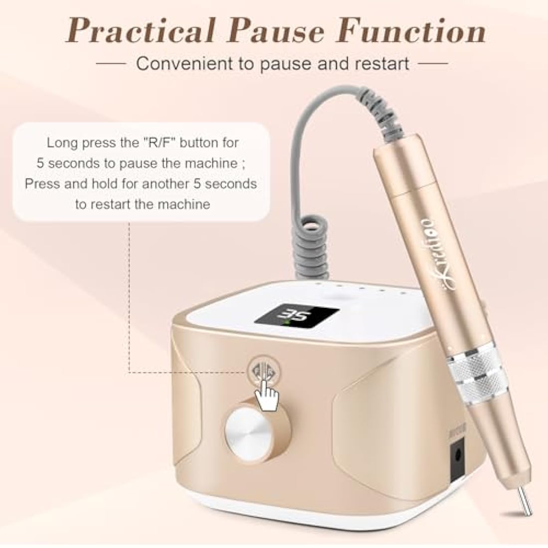 Kredioo Nail Drill 35,000RPM, Electric Nail File for Acrylic and Gel Nails, Professional Nail Drill Machine, Manicure Pedicure Kit with 11 Bits, LCD Display, Touch Button (Gold)