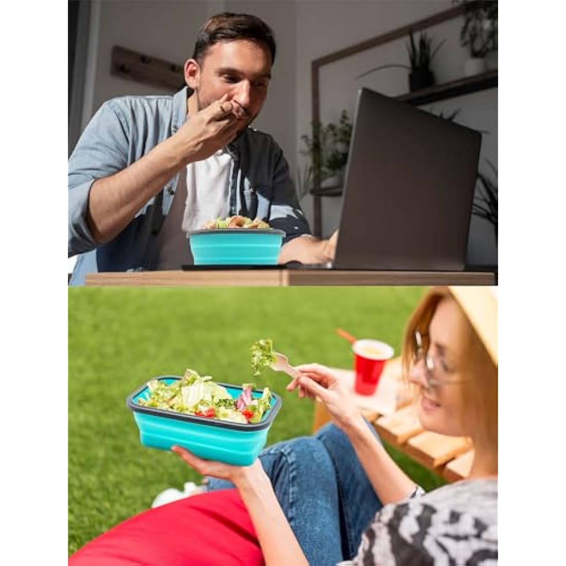 Lunememo Pack of 16 Foldable Food Storage Boxes with Lid, Collapsible Lunch Box, Foldable Silicone Bowl for Snacks, Meals, Leftovers, On the Go and Home, Blue