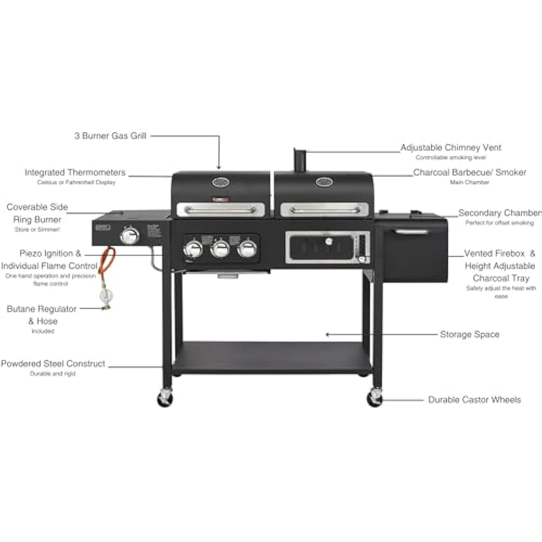 CosmoGrill Hybrid 4 Burner Barbecue DUO Dual Fuel BBQ 3+1 Gas Grill & Charcoal Smoker BBQ Grill, Built-in Thermometer, Warming Rack, Outdoor Portable Large Coal Barbecue for Home Garden Party Cooking