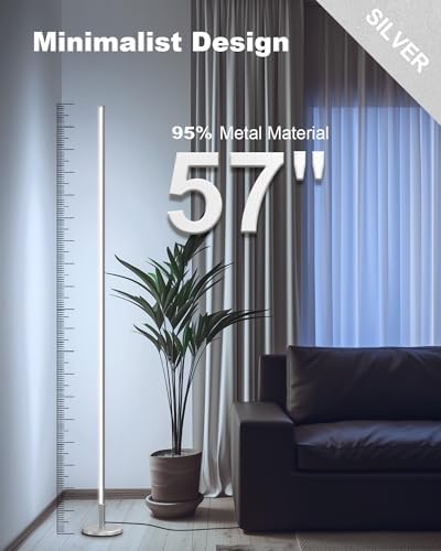 TACAHE Minimalist Corner Floor Lamp - 2700K-6500K Dimmable LED Night Light - Modern Standing Mood Lamp with Remote Control for Living Room, Bedroom - 57" 12W - Silver