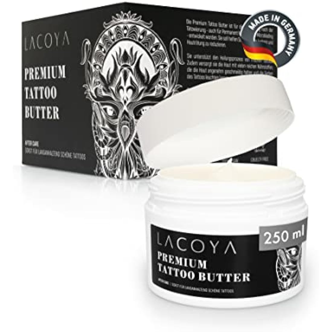 LACOYA® - Premium tattoo butter for freshly tattooed skin - care cream for daily tattoo after-care care care - tattoo cream with shea butter vegan breathable (made in Germany) - tattoo care balm