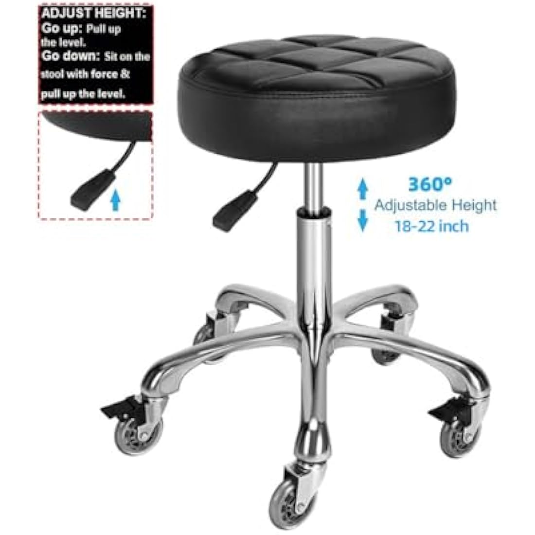 McDooFly Adjustable Heavy Duty Stool - Rolling Stools with Locking Caster Wheels - Swivel Stools Backless Chair for Beauty Hair Salon Spa Home Kitchen Office Shop Massage(Black, Height 47 to 57cm)