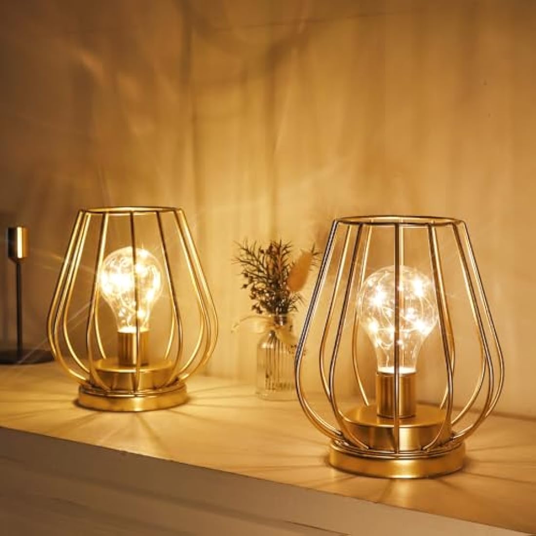TRIROCKS 2 Set of Metal Battery Operated Table Lamp 17cm Tall Mini Cage Shape Cordless Lanterns with Warm Fairy Lights Bulb for Patio Garden Wedding Parties Indoor Outdoor (Gold)
