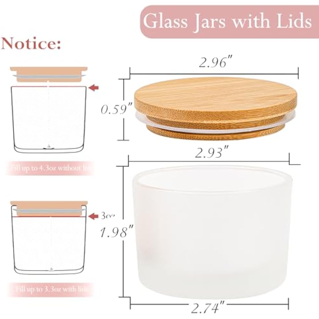 CONNOO 15 Pack 4 OZ Frosted Glass Candle Jars with Airtight Bamboo Lids, Bulk Small Wide Mouth Empty Candle Containers with Sticky Warning Labels - Dishwasher Safe