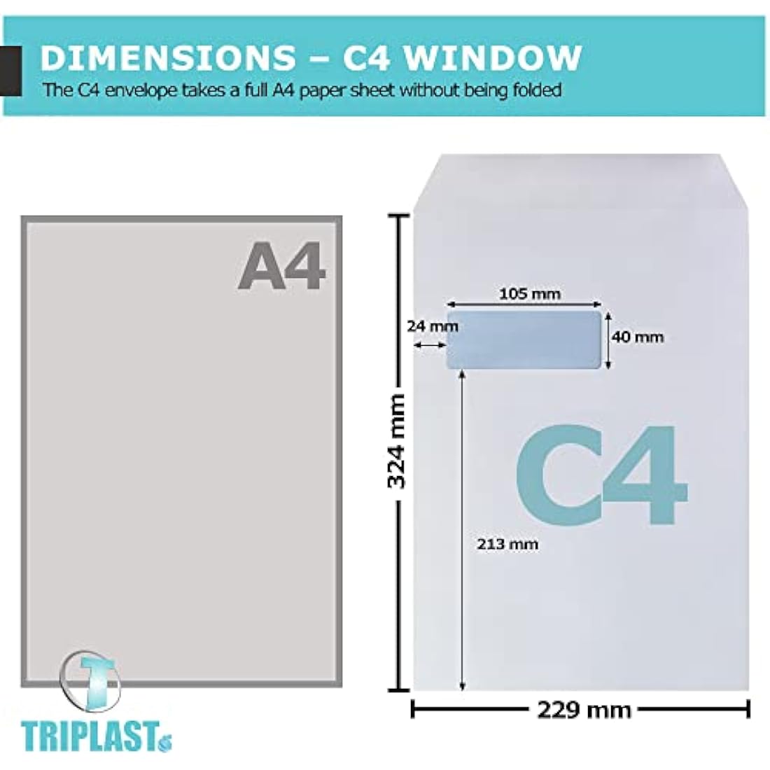 Triplast 50 x C4 Window Self Seal Security Envelopes (Size: 324x229mm) | Address Window, Self Sealing & Printer Safe Mailing Paper Envelopes | Ideal for Everyday Home, Office & Commercial Use