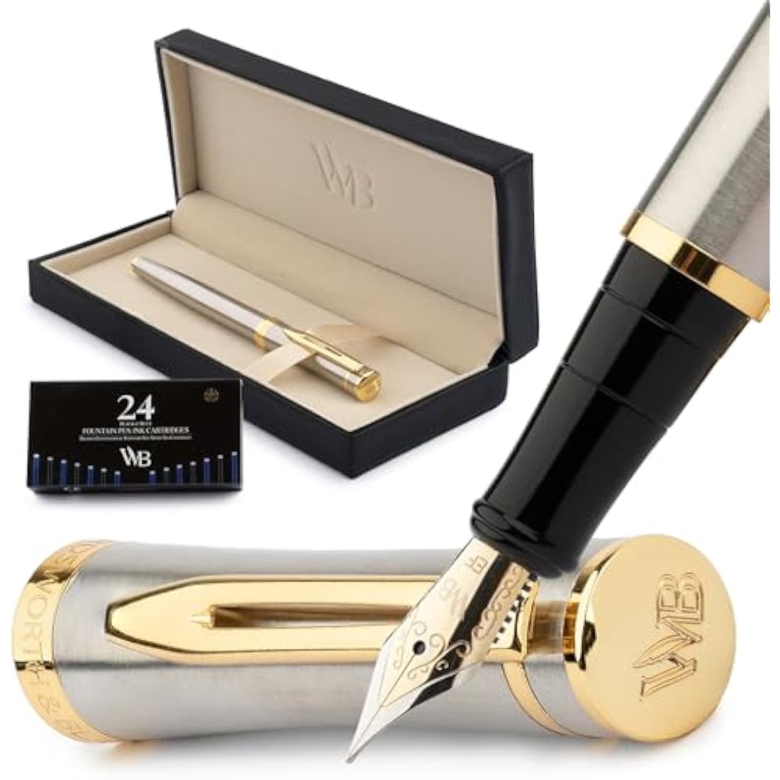Wordsworth & Black Fountain Pen Set, 18K Gilded Extra Fine Nib, Includes 06 Pack Ink Cartridges, Ink Refill Converter & Gift Box,[Silver Gold], Perfect for Men and Women
