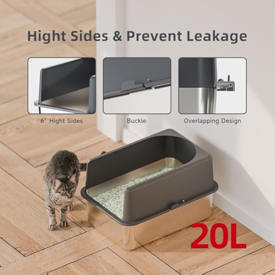 Bsadne High-Sided Stainless Steel Cat Litter Box with Lid, Medium, Easy-to-Clean Metal Litter Pan for Cats (20" L x 14" W x 12" H with Enclosure)