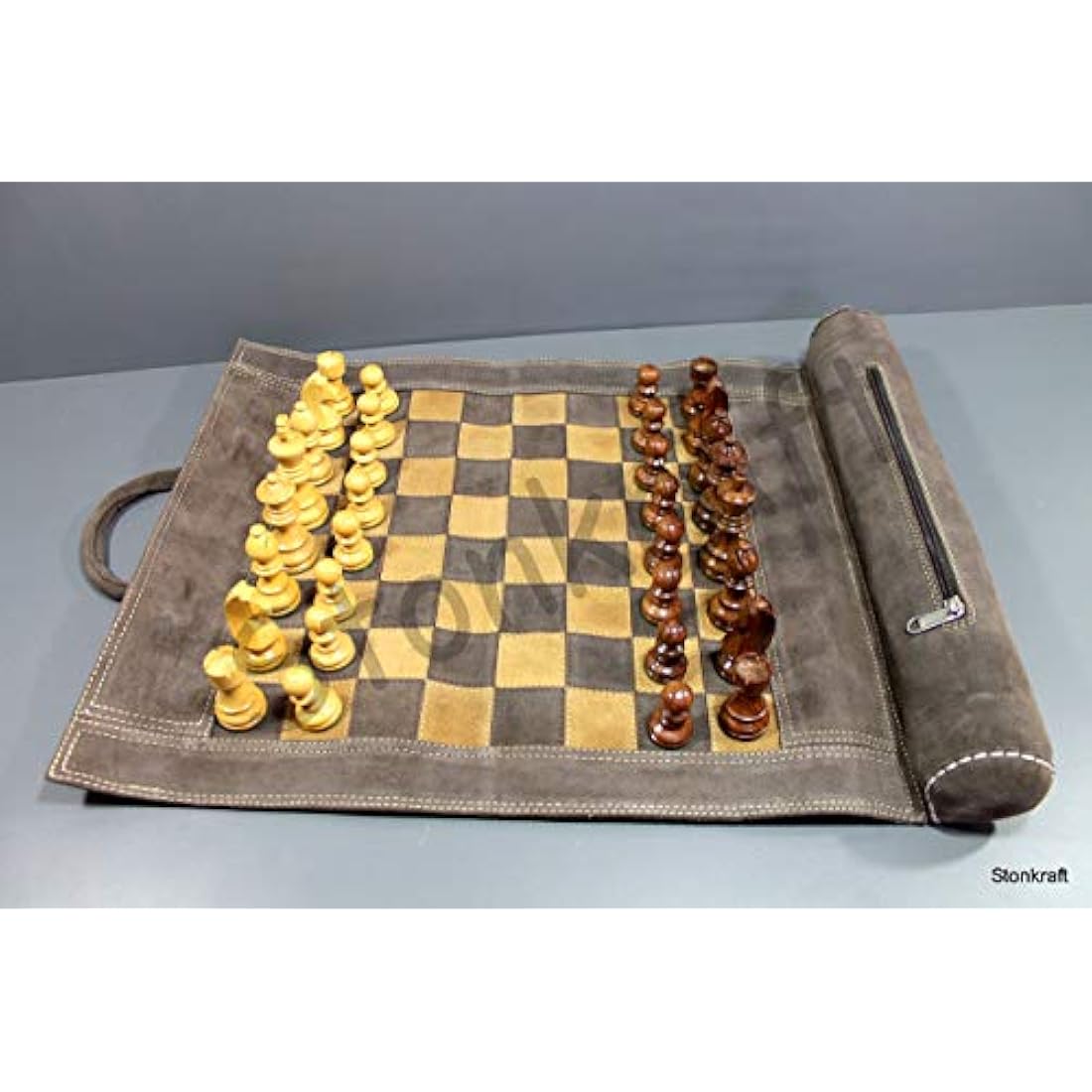 Stonkraft 19" x 15" (Chess Board Size 12" x 12") Genuine Roll-Up Leather Chess Set - With Wooden Chess Pieces - Brown Grey | Comes with a Innovative Carry Pouch