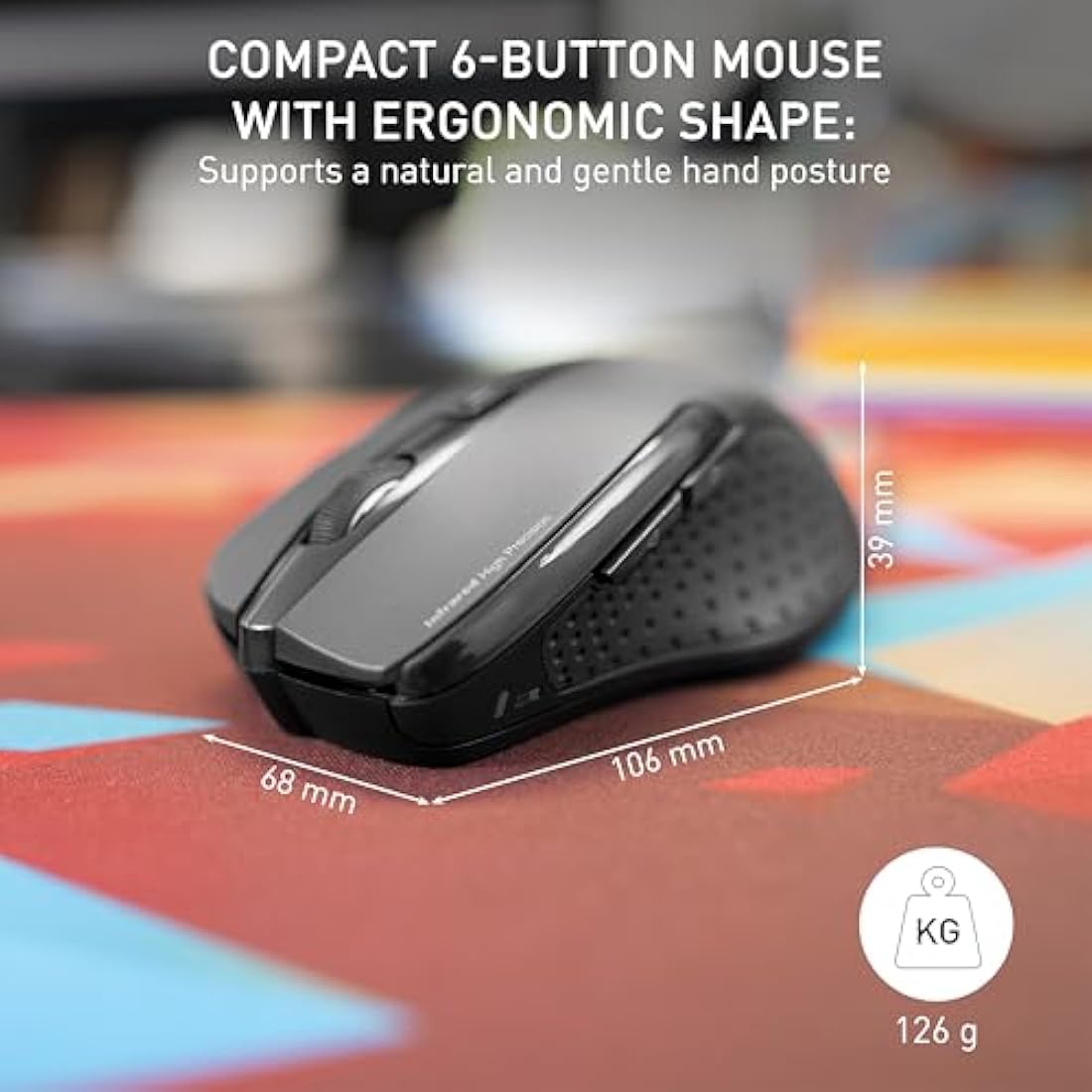 CHERRY MW 3000, Wireless Ergonomic Right-Handed Mouse, 2.4 GHz RF, 6 Buttons, Optical Sensor, Rubberised Side Panels, Battery-Operated, Black