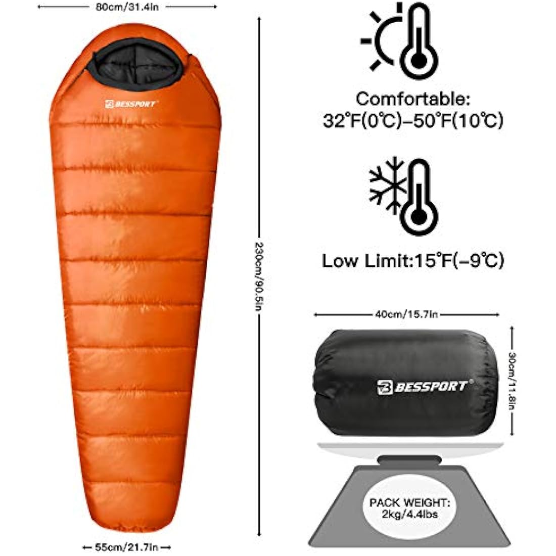 Bessport Sleeping Bag, 4 Seasons 0°C Sleeping Bag, Small Pack Size & Ultralight Outdoor Sleeping Bag, Mummy Sleeping Bag for Camping, Travel, Outdoor and Tent