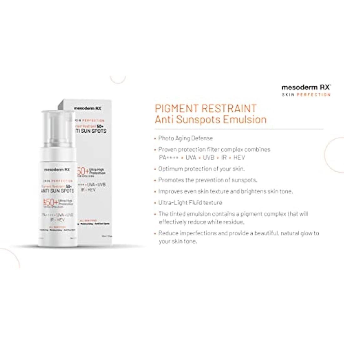 Mesoderm RX Pigment Restraint 50+ Anti Sun Spots, Protect and Nourish Face, Neck, Hands, 50ml