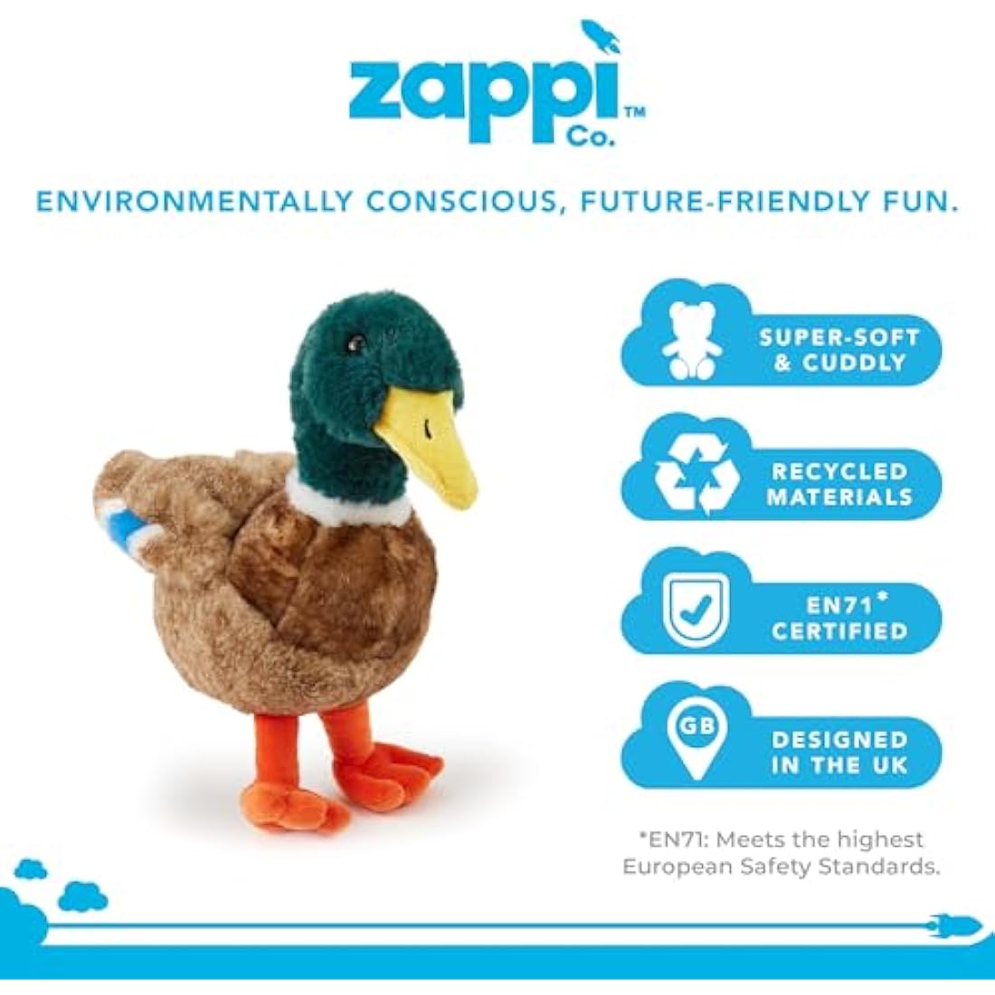 Zappi Co Mallard Duck Plush Toy (30cm) - Bright, Cuddly Duck, Eco-Friendly, Ideal for Children's Imaginary Pond Play, Made from 100% Recycled Material
