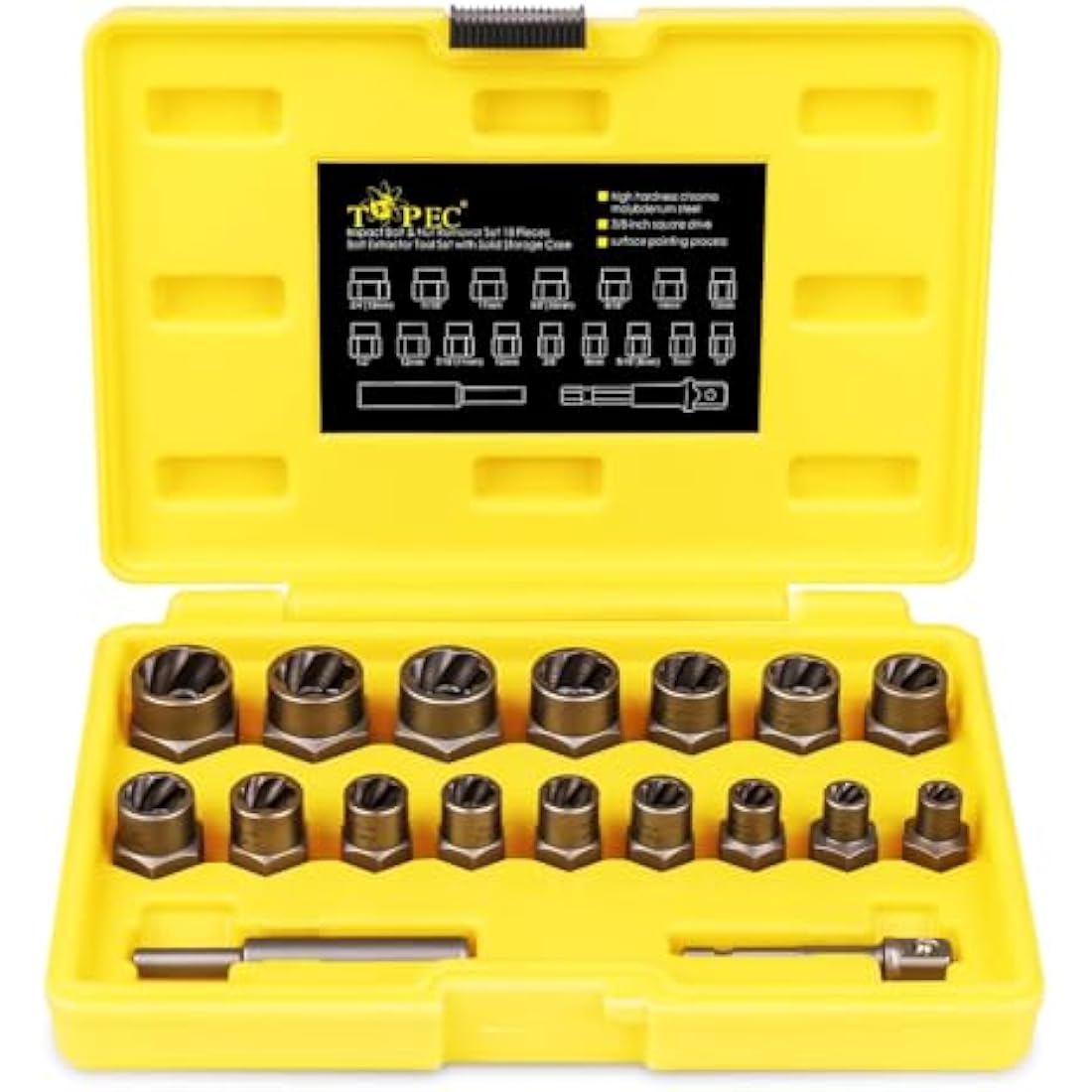 TOPEC 18-Piece Bolt Extractor Set, Rounded Bolt Remover Tool, Impact Bolt & Nut Extractor Set, 3/8" Drive Bolt Extractor Kit, for Removing Stripped, Damaged, Frozen, Rusted, Rounded-Off Bolts & Nuts