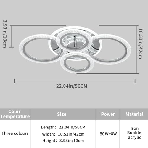 Qcyuui 58W Dimmable LED Ceiling Light, Modern 4-Ring Acrylic Flush Mount Chandelier for Living Room, Bedroom, Dining Room, Chrome Finish