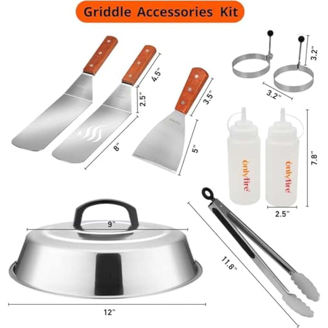 Onlyfire FPA-5117 Professional BBQ Griddle Spatula Tool Kit Great for Grill Griddle Flat Top Cooking Camping, with One 12” Melting Dome, 9 pcs