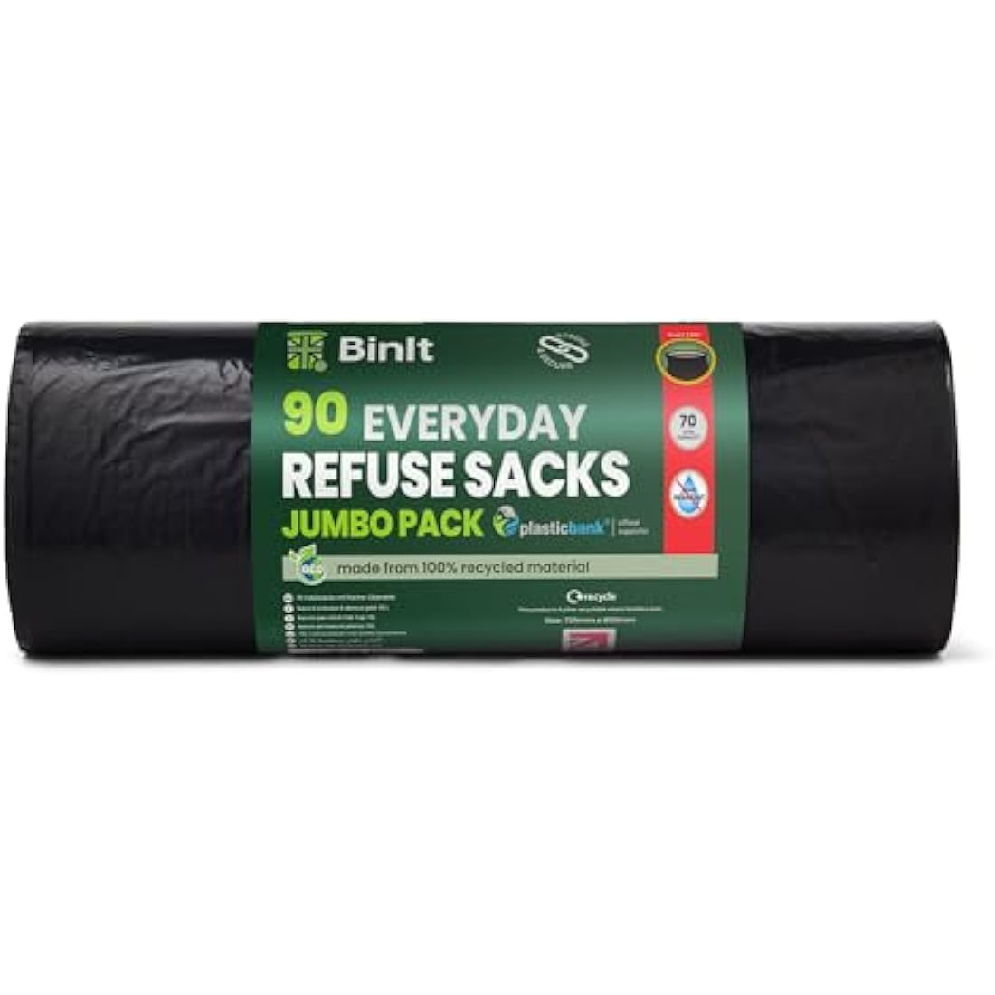 BinIt 90 Jumbo Pack Everyday 70L Eco-Friendly, Strong & Secure, Refuse Sacks, Bin Bags, Bin Liners, Recycled, Tear Resistant, 30 μm, Perfect for Everyday Household & Commercial Use