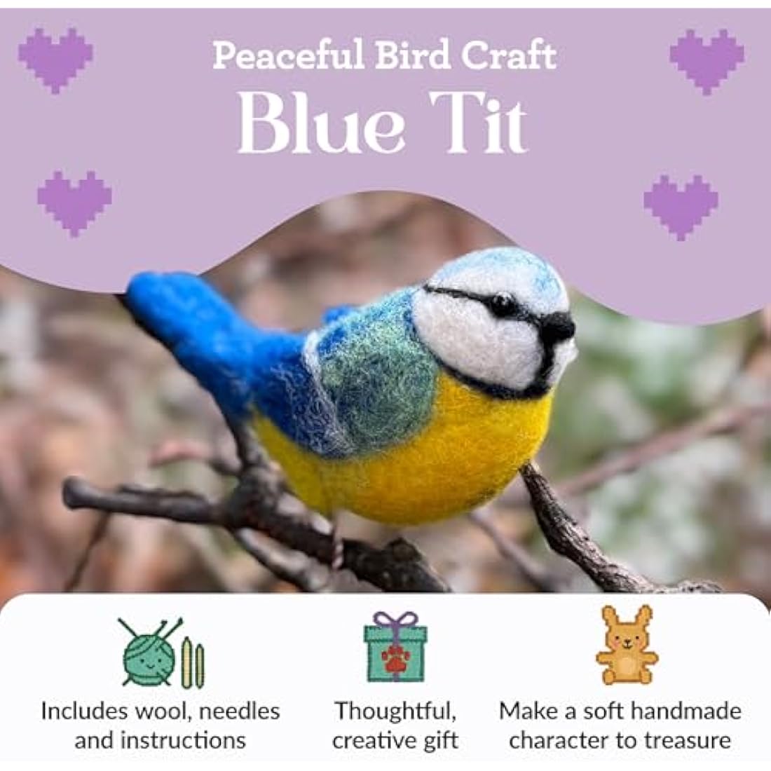 The Crafty Kit Company Needle Felting Craft Kit - British Birds Blue Tit | 100% Corriedale Wool DIY Felt Craft Kit – Handmade Gift for Adults, Teens & Beginners | Age 10+