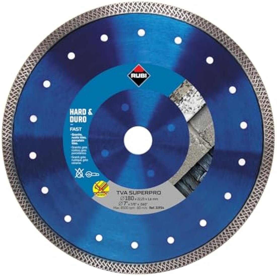 RUBI | Hard Materials Turbo Viper Diamond Blade | Dry Cutting of Granite, Rustic Tiles, Klinker, Refractories, Slate and Porcelain Tiles | Inside D.: 22,2 mm | Outside D.: 180 mm | TVA-180 SUPERPRO
