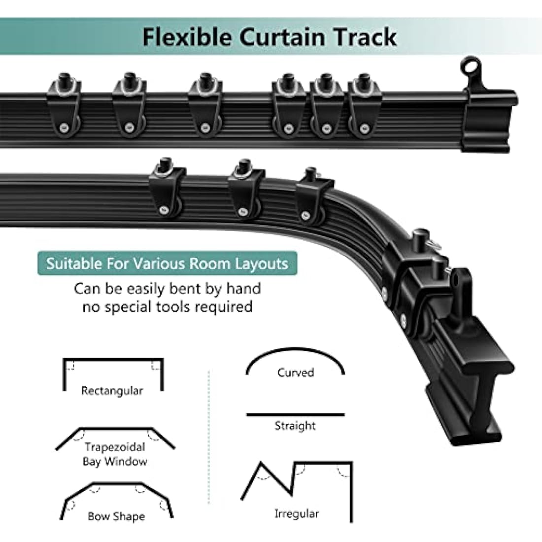Ceiling Curtain Track for Bay Window, 6M/20FT Flexible Bendable Curtain Rail Track Ceiling Wall Mounted, Plastic Ceiling Track System for Shower Room Divider RV, Black Curtains Tracks and Fittings