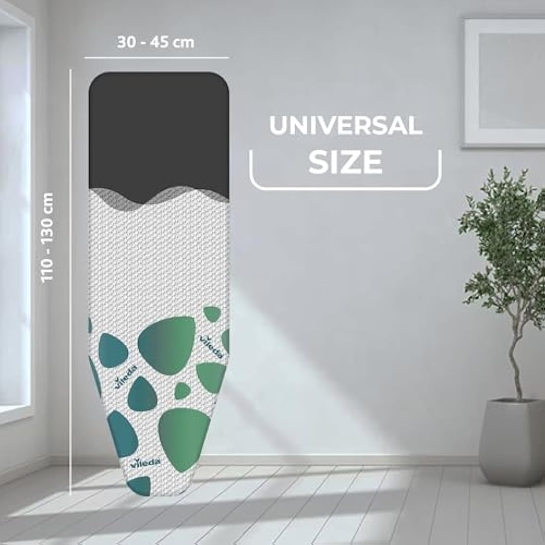 Vileda Park and Go Ironing Board Cover with Heat Resistant Parking Zone - Universal Size 30-45cm wide by 110-130cm long - Mint Grey