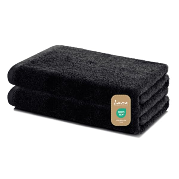 Lavea Bath Towels Set of 2, 60 x 120 cm, Soft & Absorbent 100% Cotton Towels, Black, Oeko-Tex 100 Certified, with Hanging Loops, Washable at 60