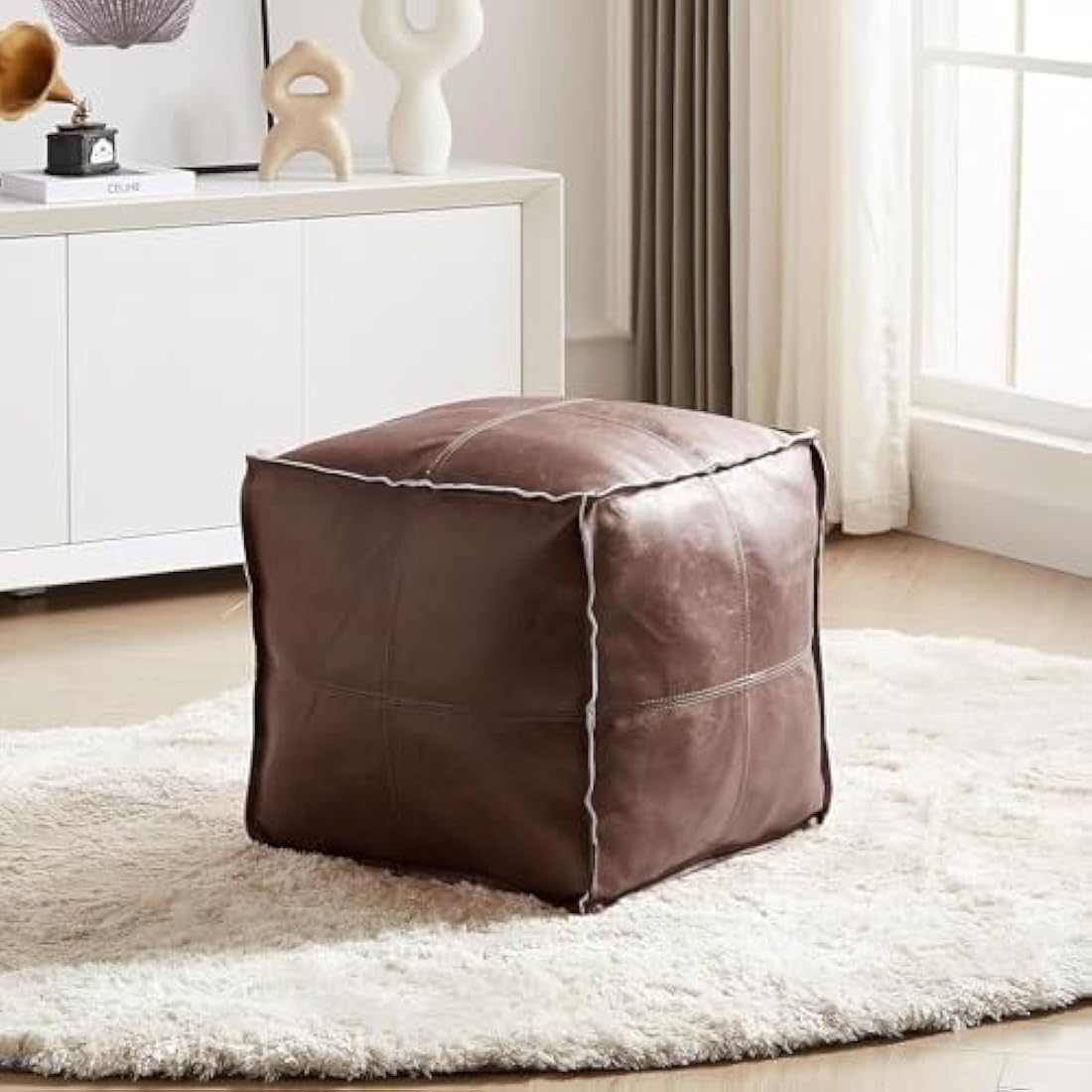Louis Donne Unstuffed Square Faux Leather PU Pouf, Supersoft Handmade Ottoman Faux Moroccan Decor, Storage Solution, Foot Rest, Footstool, Pouffe Seat for Balcony Office Indoor, Brown-45"x45"x45"…