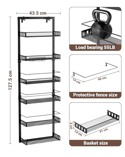 TOPWE Over Door Spice Rack, 6-Tier Adjustable Over the Door Storage, Pantry Door Organizer Shelves with Hook for Each Layer, Back Door Metal Hanging