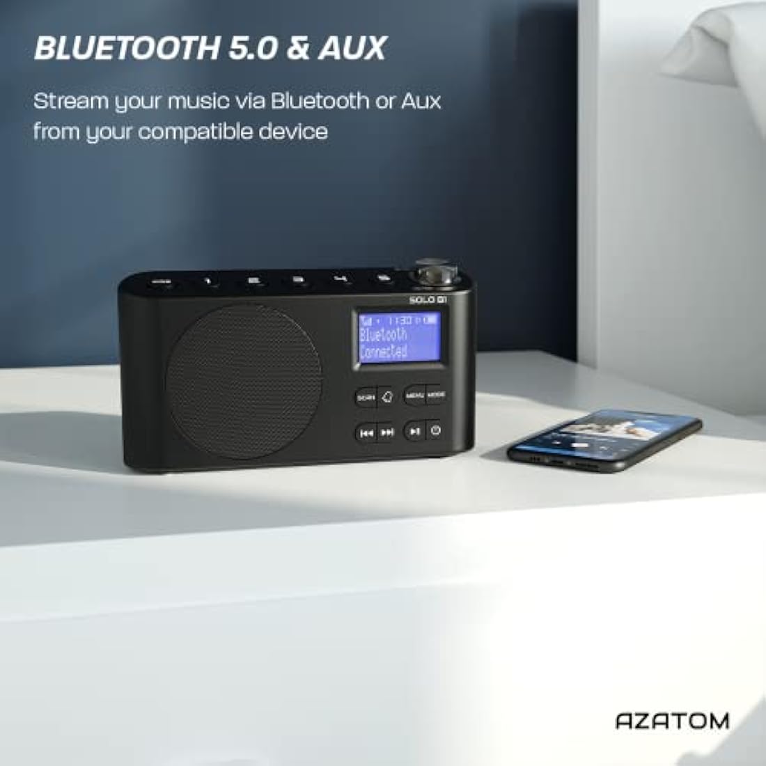 DAB/DAB+ & FM Portable Digital Radio | Bluetooth | Rechargeable Battery | Dual Alarms & Sleep Timer | Perfect for Home, Office or Outdoors | AZATOM Solo B1 (Black)