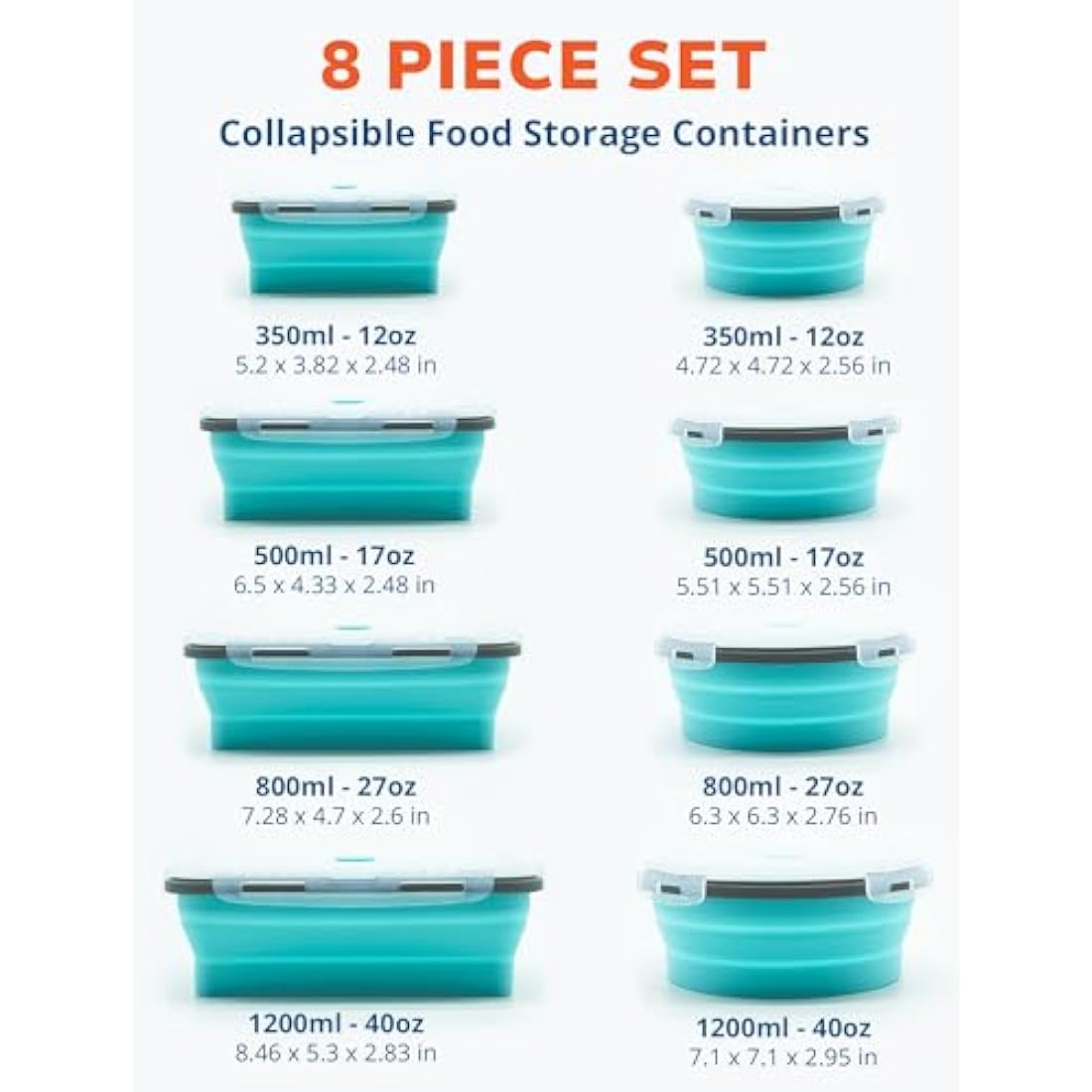 Lunememo Pack of 16 Foldable Food Storage Boxes with Lid, Collapsible Lunch Box, Foldable Silicone Bowl for Snacks, Meals, Leftovers, On the Go and Home, Blue