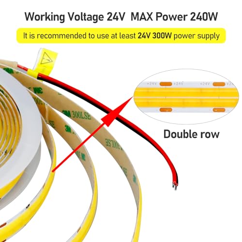GOMING 32.8ft(10M) 24V Double Row COB LED Strip Light Cool White 6000K 6000LEDs CRI 93+ 20000lm Uniform Glow Dotless Not Waterproof IP20 Flexible LED