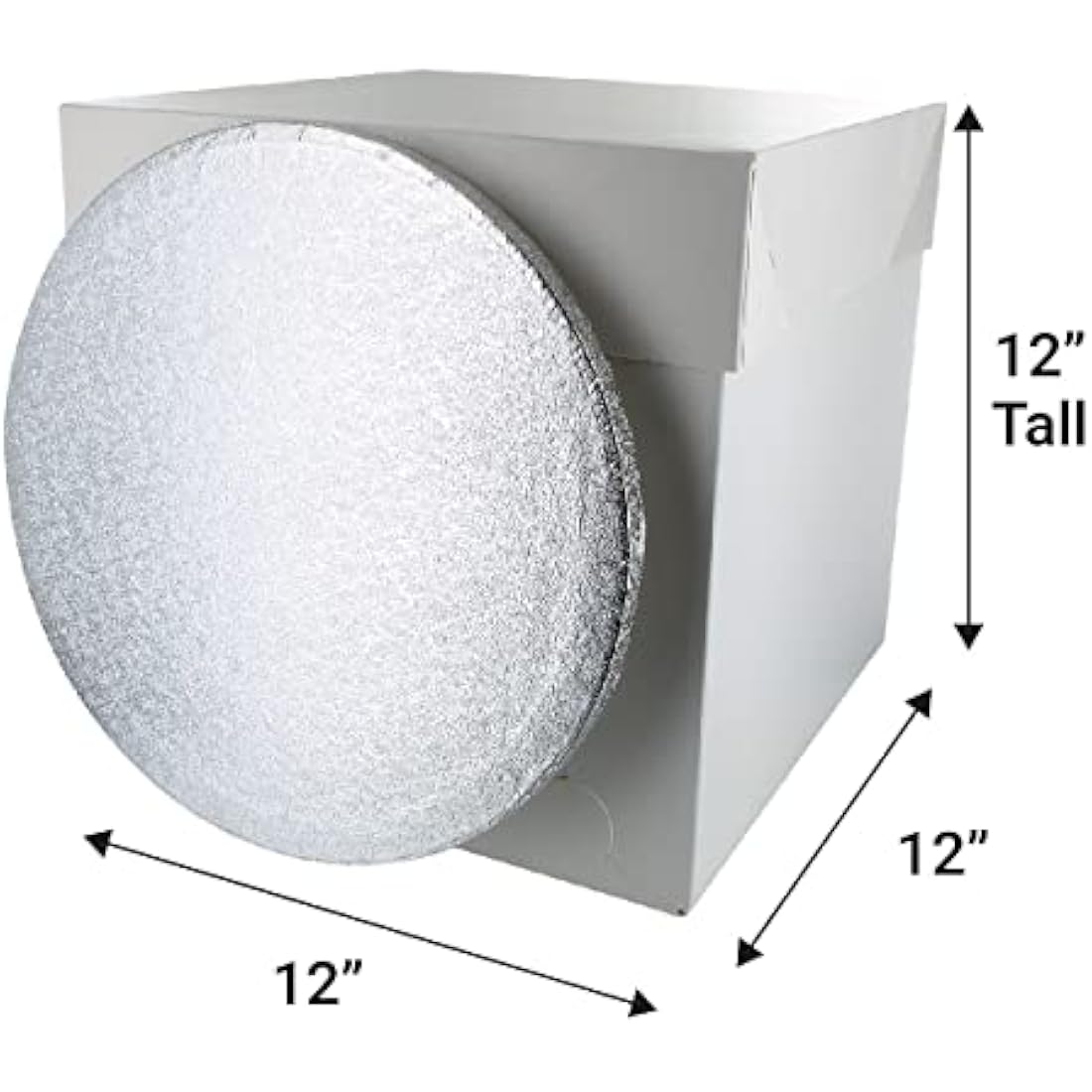 Culpitt 12" Round Silver Cake Drum Board & Tall White Box Combo, 12 x 12 x 12 Inch Square Box and Matching Circle Set for Tiered or Decorated Cake Transport