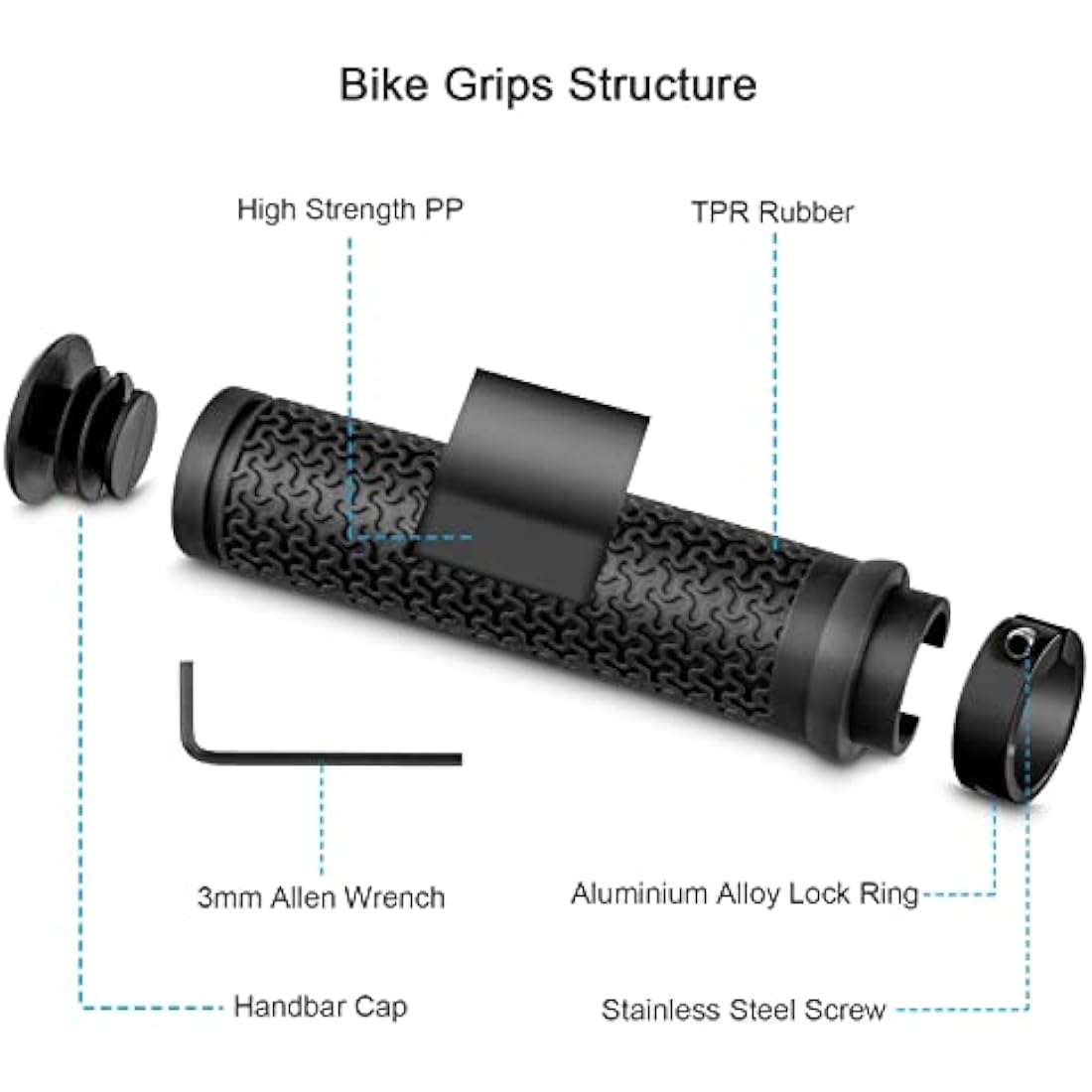 NUWAB Premium Bike Handlebar Grips, Professional Mountain Bicycle Grips with Soft Anti-Slip Rubber, Single Lock-on Bike Handlebar, 2PCS Allen Wrench Come With